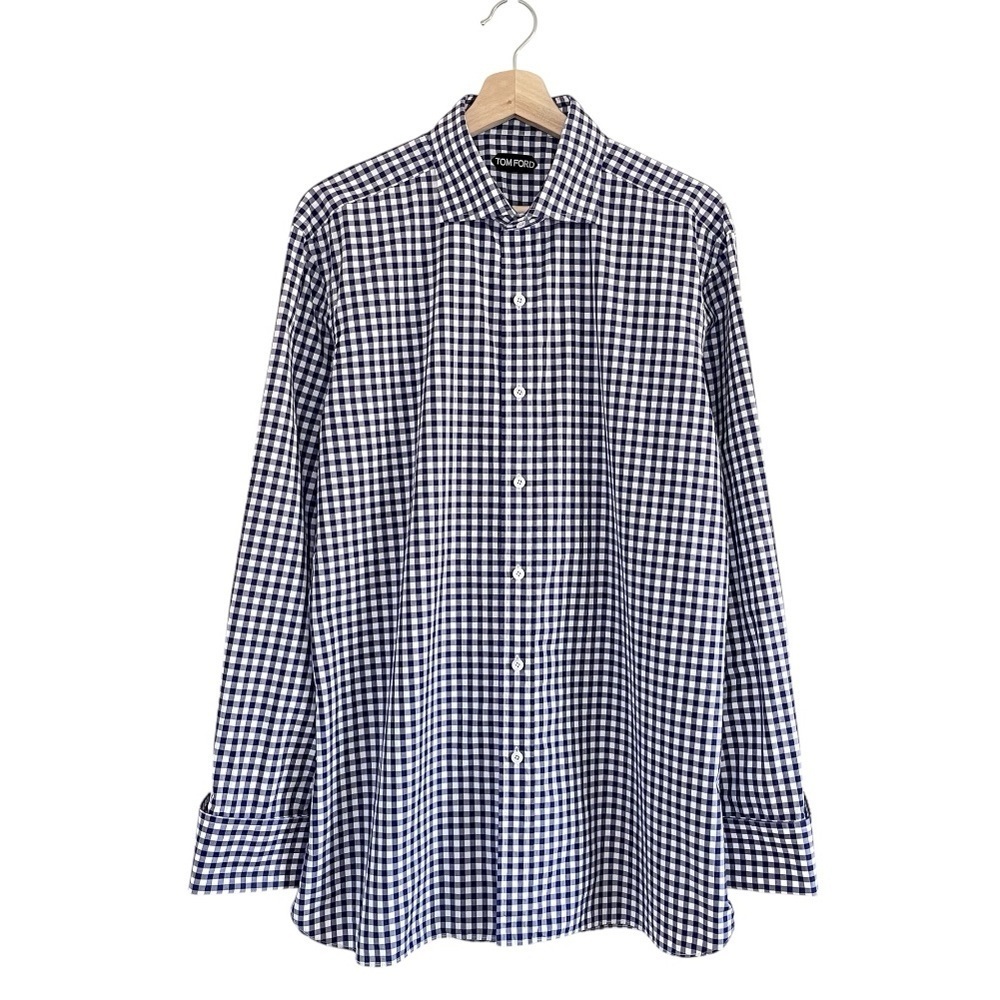 Tom Ford Men’s Slim Fit Gingham Check French Cuff Dress Shirt Blue 43 EU 17 US